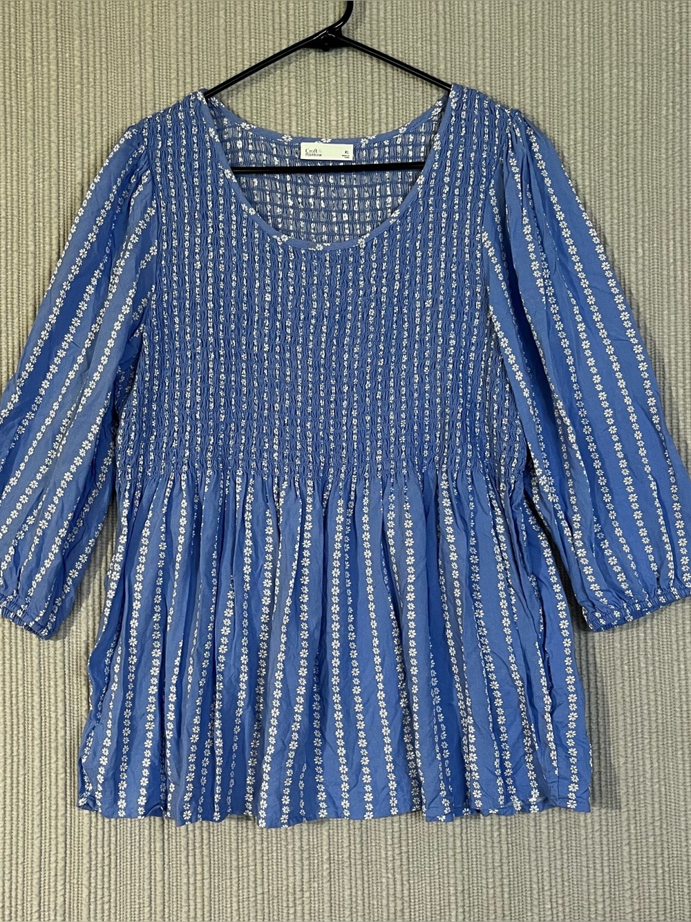 Croft & Barrow Smocked Peasant Babydoll Top Blue White Cottage Floral Womens XL